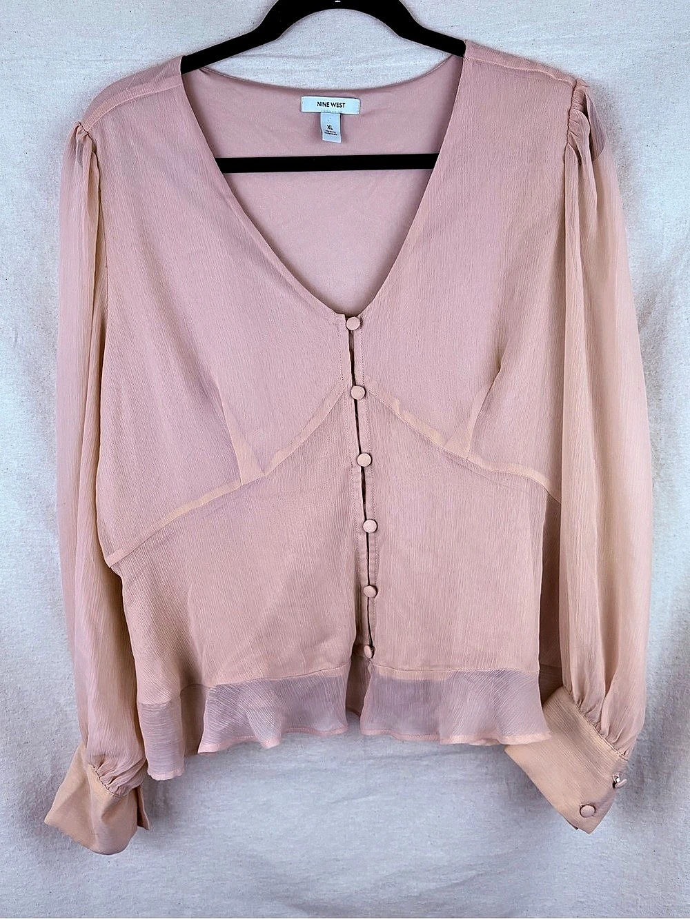 Nine West Pink V-neck Chiffon Peplum Button Front Blouse XL Like New